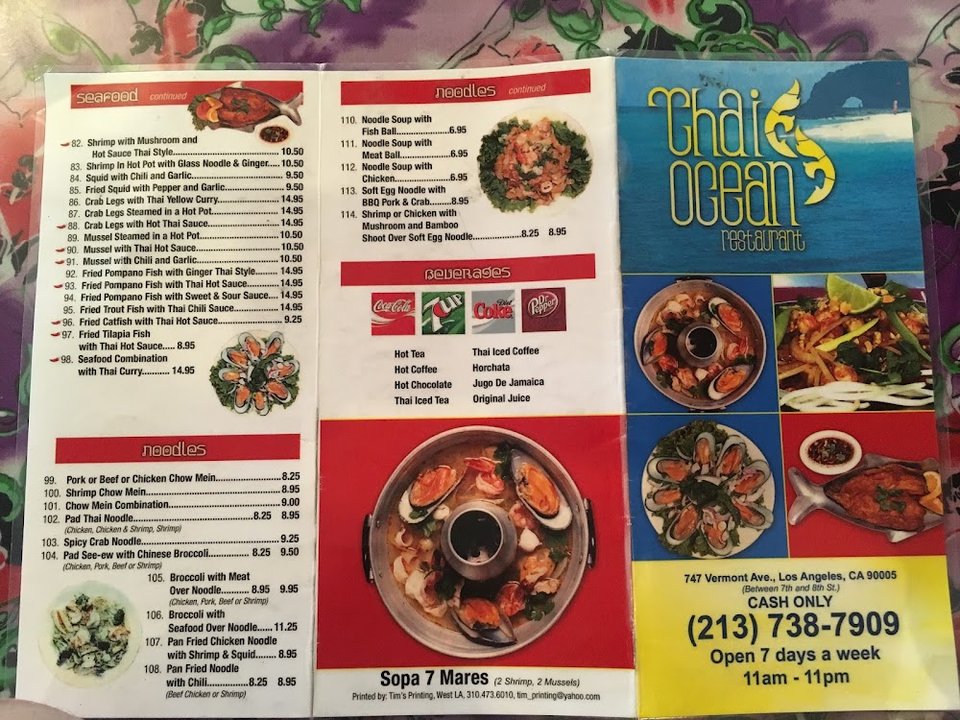 Menu page with Thai soups, rice, and seafood dishes.
